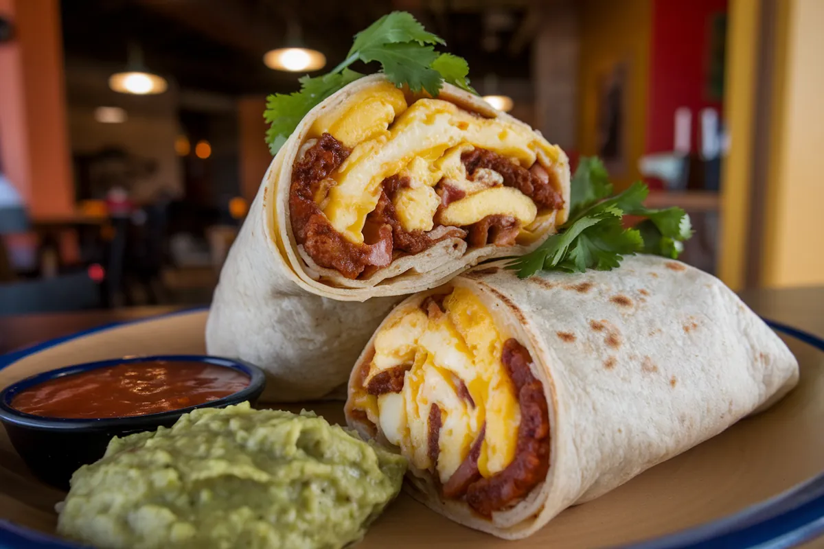 Chorizo burrito with scrambled eggs, cheese, and salsa.