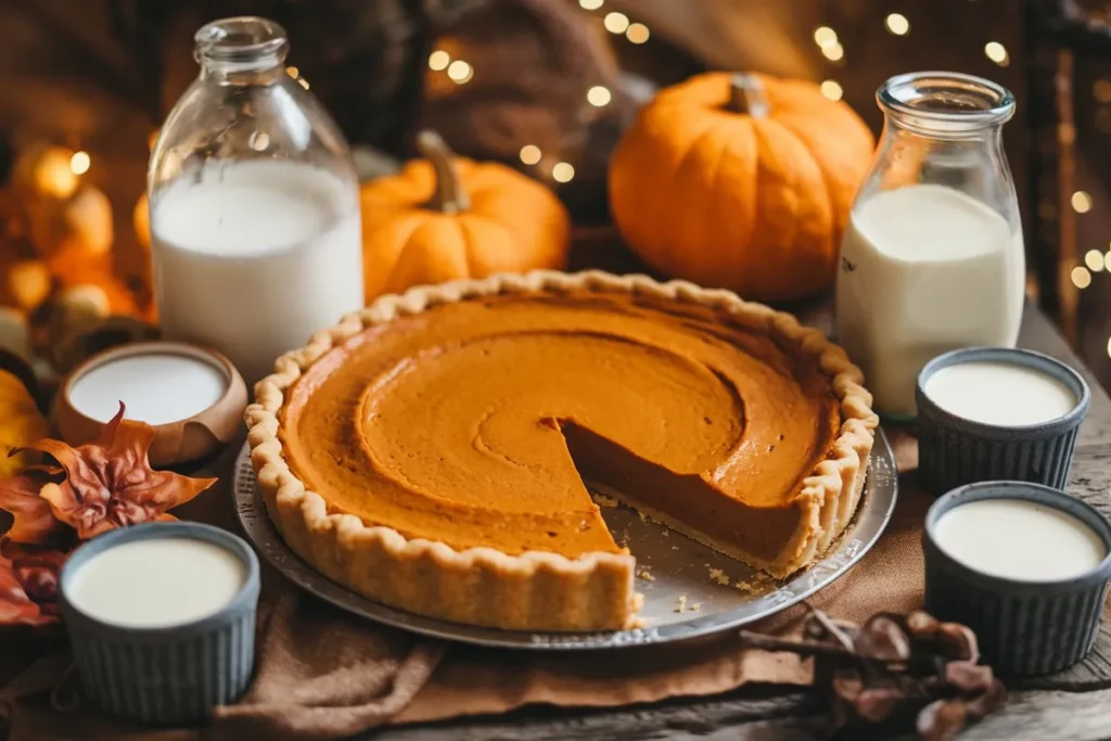 A pumpkin pie with various milk substitutes, ready for serving on a rustic wooden table.