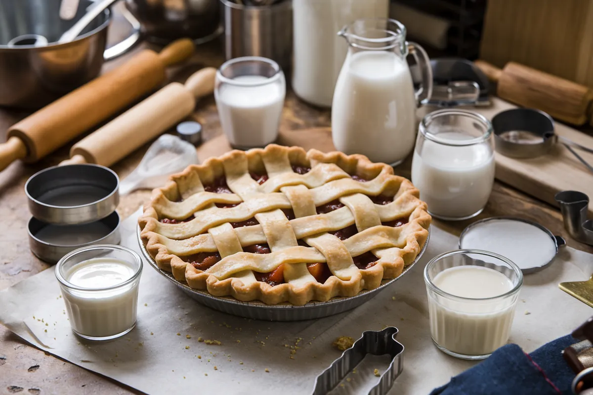 Homemade pie with dairy-free milk alternatives on a rustic kitchen countertop.