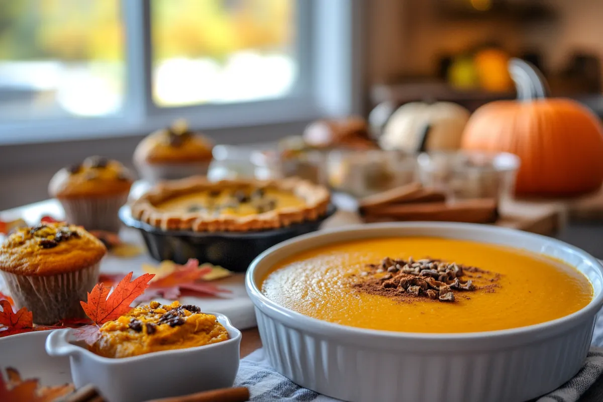 An autumn kitchen with a table full of dairy-free pumpkin dishes, including pie, soup, and muffins.