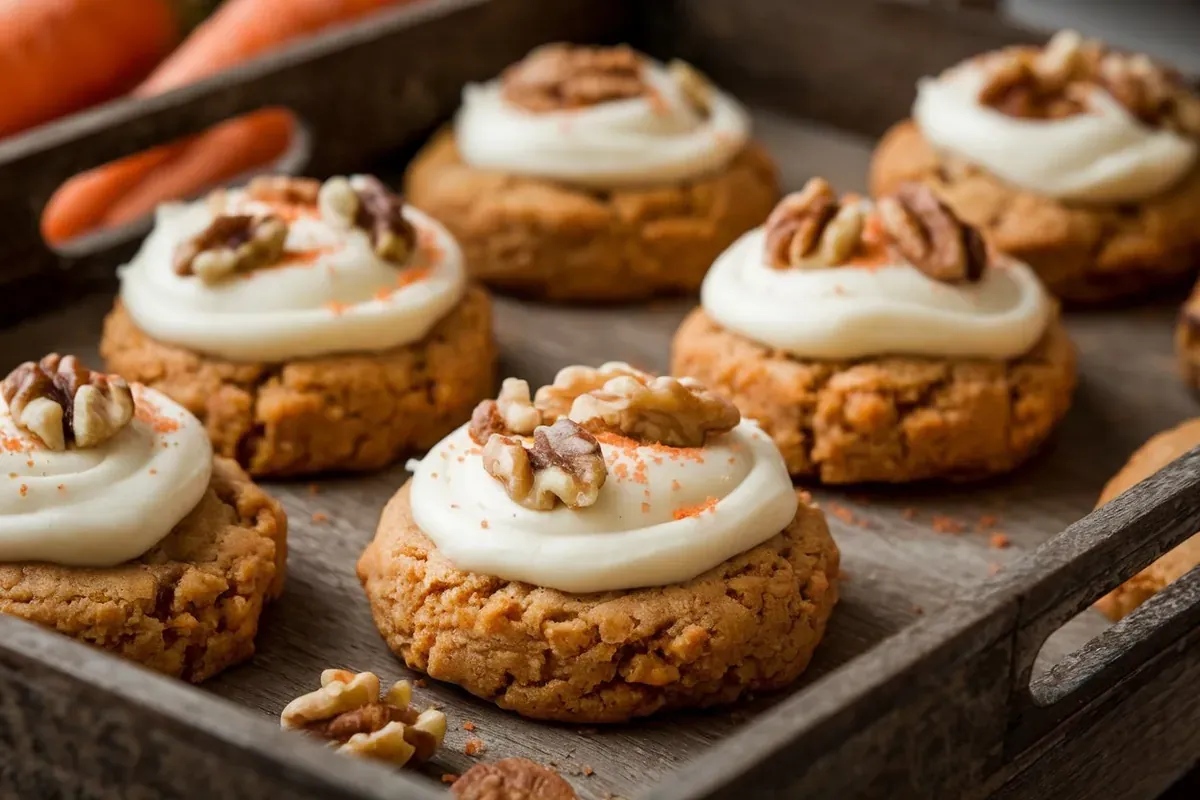 Close-up of moist carrot cake cookies with cream cheese frosting and walnuts.