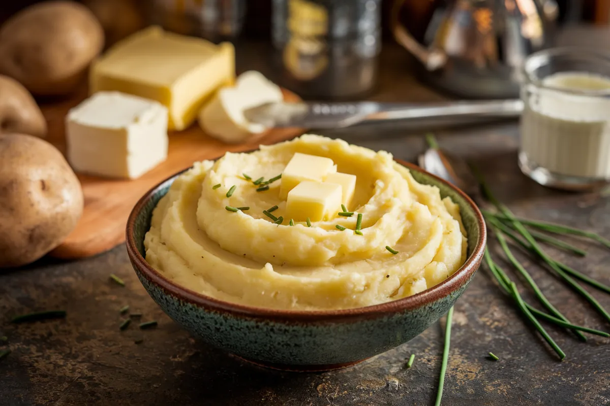 Creamy mashed potatoes garnished with butter and chives on a rustic countertop.