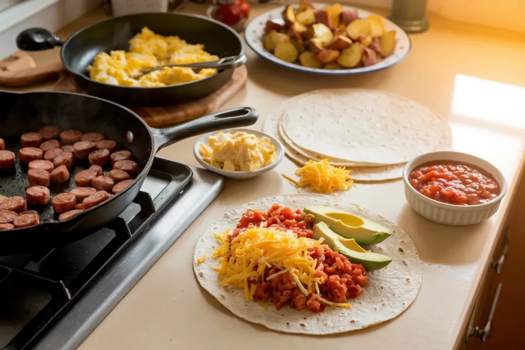 Ingredients for a chorizo breakfast burrito being prepared in a kitchen