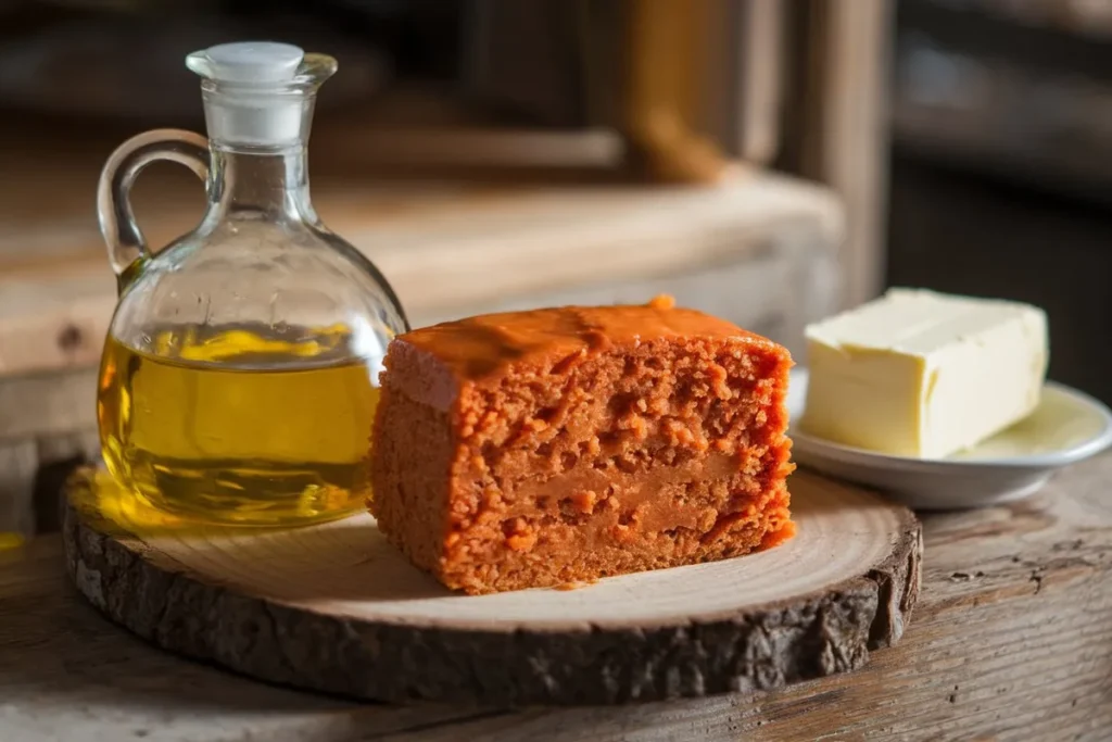 Comparison of oil and butter with a moist carrot cake slice in between.