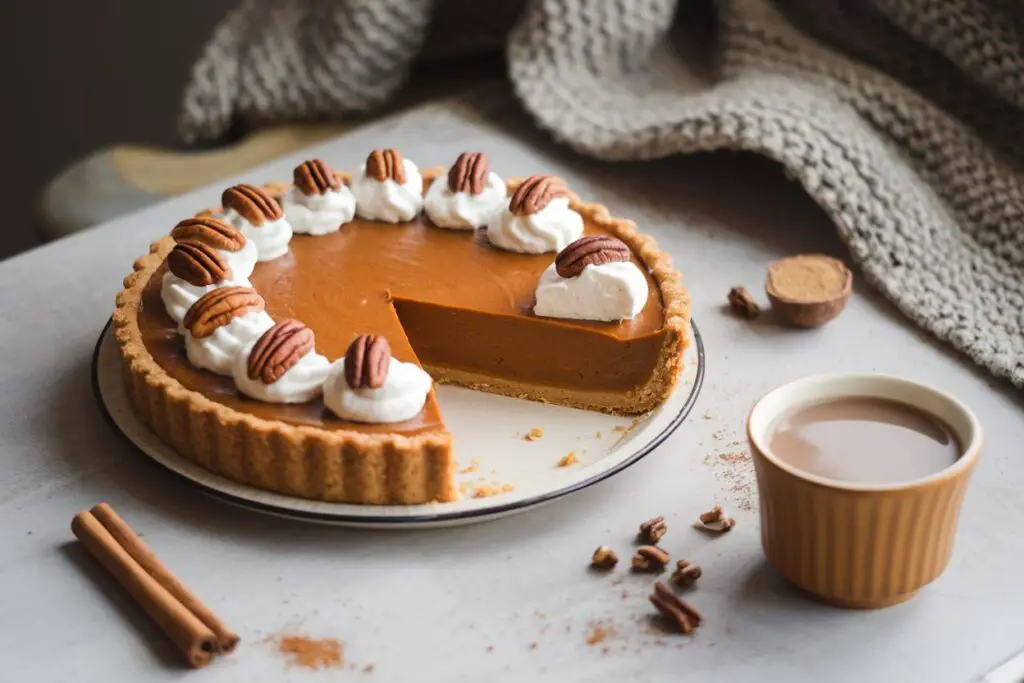 A slice of dairy-free pumpkin pie topped with whipped coconut cream and pecans, paired with a cup of chai tea and autumn spices.