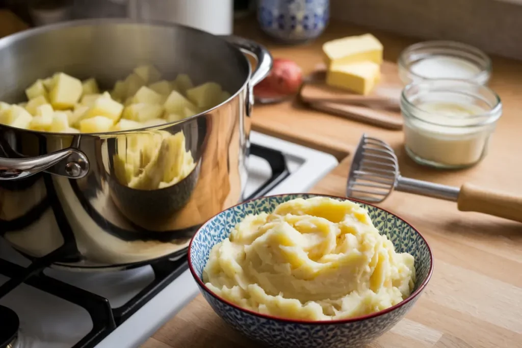 Potatoes being boiled on the stove with mashed potatoes being prepared.