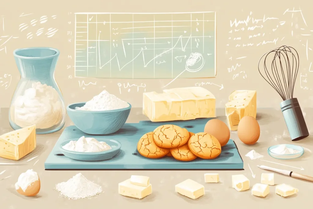 Baking ingredients arranged with a diagram showing how they contribute to fluffy cookies.