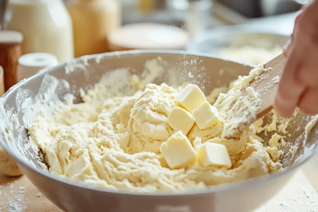 Softened butter being mixed into cookie dough for moist cookies.