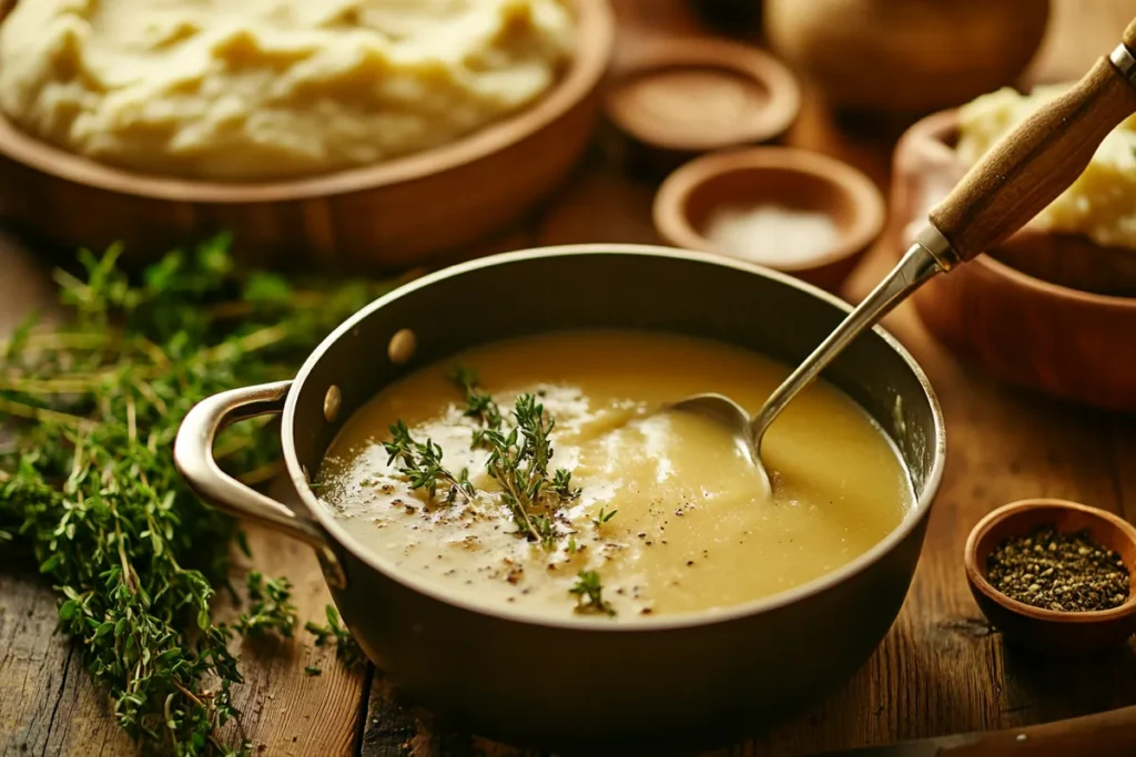 Whisking butter and broth in a saucepan to make gravy without drippings, with twice-baked mashed potatoes in the background.