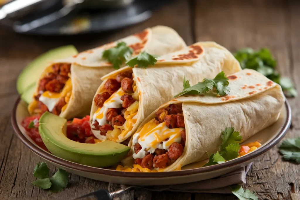 Chorizo breakfast burritos with cheese, potatoes, and fresh toppings.