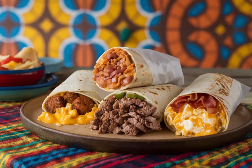 Comparison of chorizo burrito, steak and egg burrito, and bacon burrito.