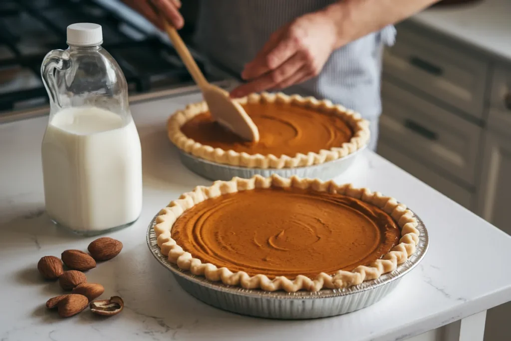 A person preparing a pumpkin pie with milk substitutes, showing common mistakes with too much liquid.