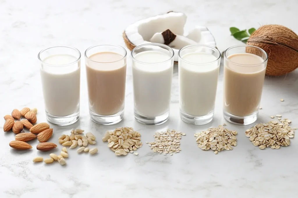 Nutritional comparison of soy, almond, coconut, and oat milk in glasses.