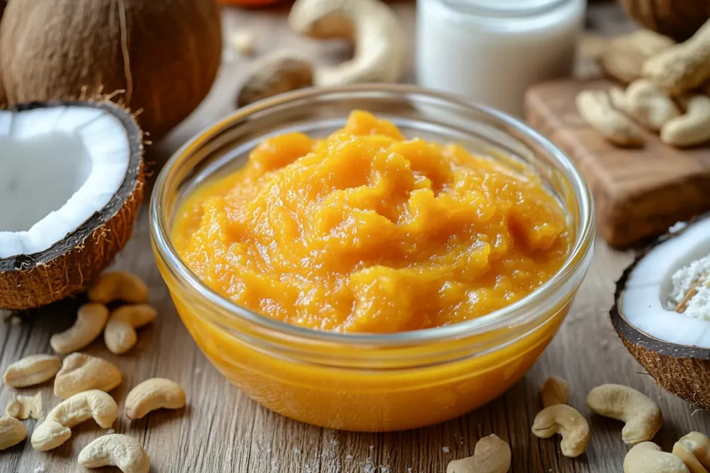 A bowl of pumpkin puree surrounded by almond milk, coconut milk, and raw cashews, with a nutrition label nearby.