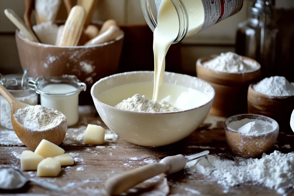 A can of evaporated milk being poured into a bowl, surrounded by baking ingredients on a wooden table.