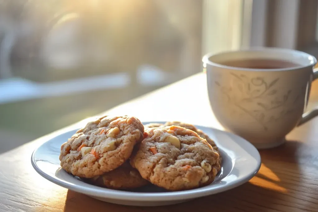 Carrot cake cookies on a wooden table beside a cup of tea in a cozy kitchen.