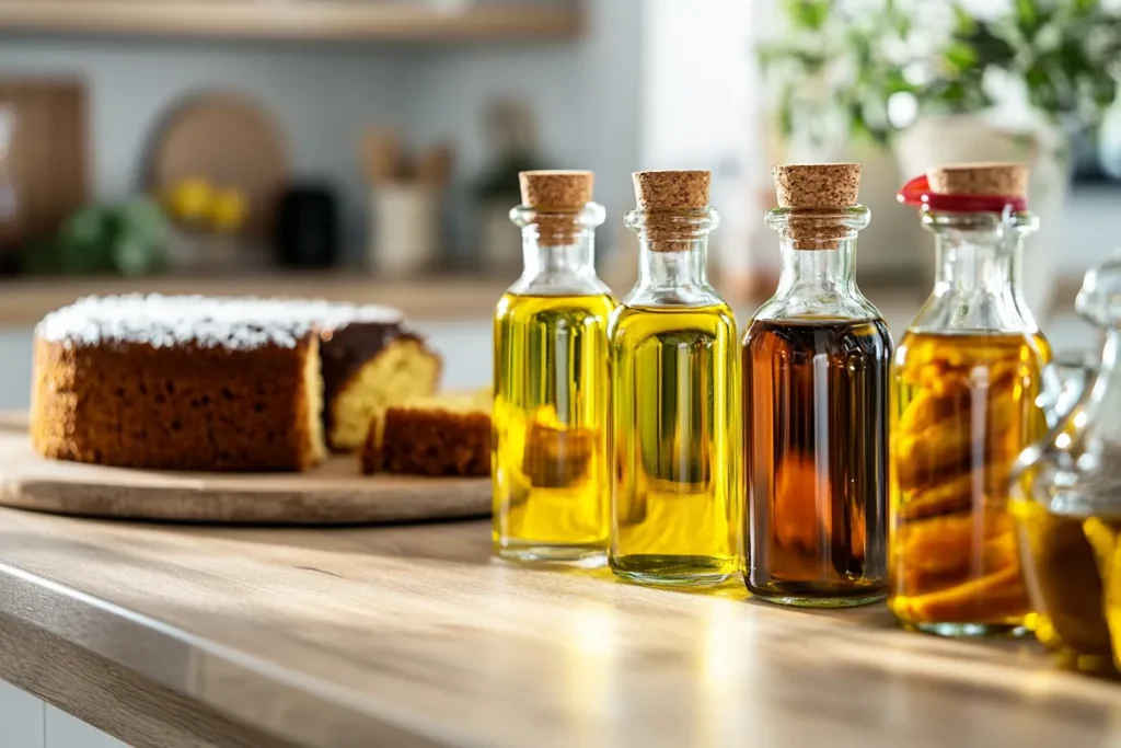 Variety of oils for baking, including vegetable, coconut, and olive oil with carrot cake.