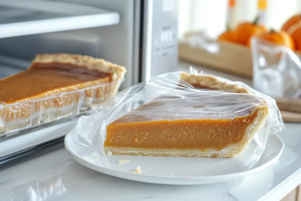 A dairy-free pumpkin pie wrapped for freezing, with a slice of pie displayed on a plate to show its preserved texture.