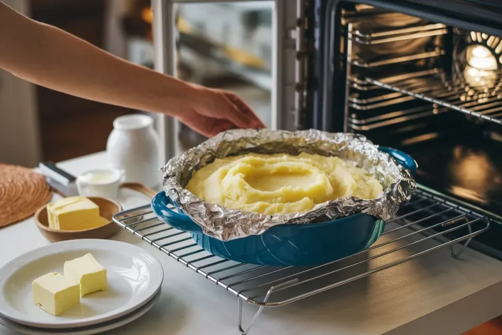 Mashed potatoes being reheated in the oven with butter and cream nearby.