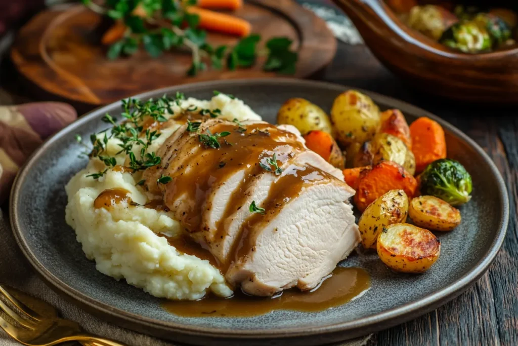 Roast turkey, mashed potatoes, and roasted vegetables with gravy served on a rustic table setting.