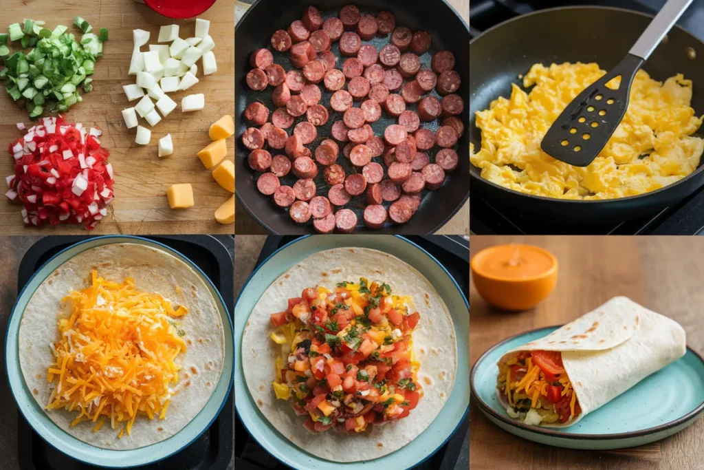 Step-by-step images of making a chorizo breakfast burrito.