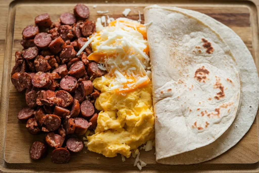 Ingredients of a chorizo burrito including chorizo, eggs, cheese, and tortilla.