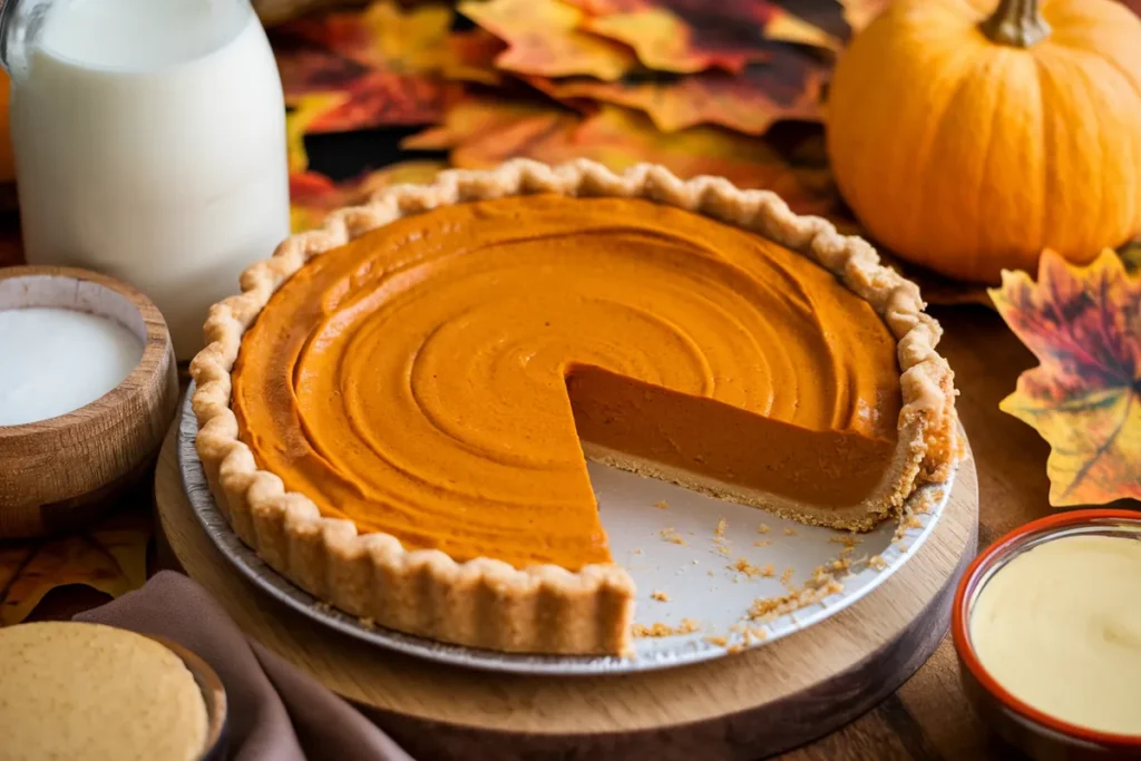 A vegan pumpkin pie made with oat milk and coconut oil, surrounded by dairy-free ingredients.