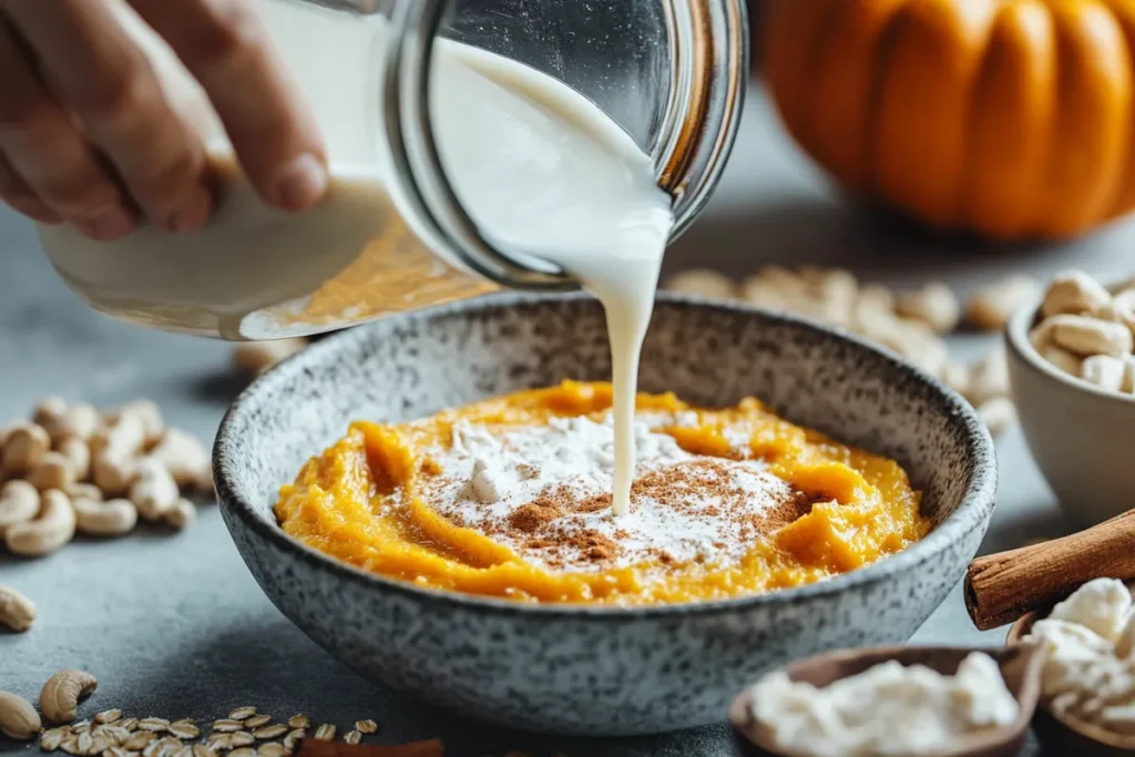 A variety of dairy-free milk alternatives, including coconut, almond, and oat milk, next to a bowl of pumpkin puree in a kitchen.