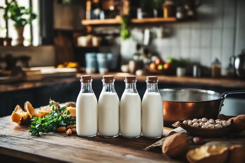 Bottles of coconut, almond, and soy milk on a rustic table with a cooking pot in the background.