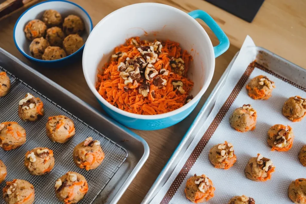 Step-by-step process of baking carrot cake cookies with grated carrots, dough, and cookies cooling on a rack.