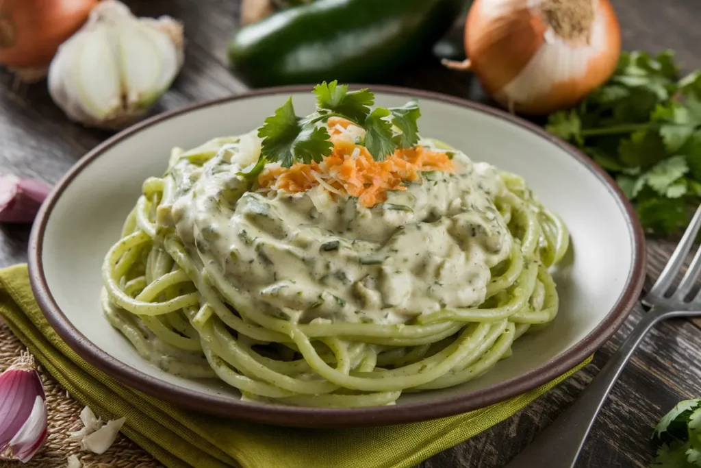 Plate of green spaghetti with creamy Poblano sauce, garnished with cilantro and cheese.