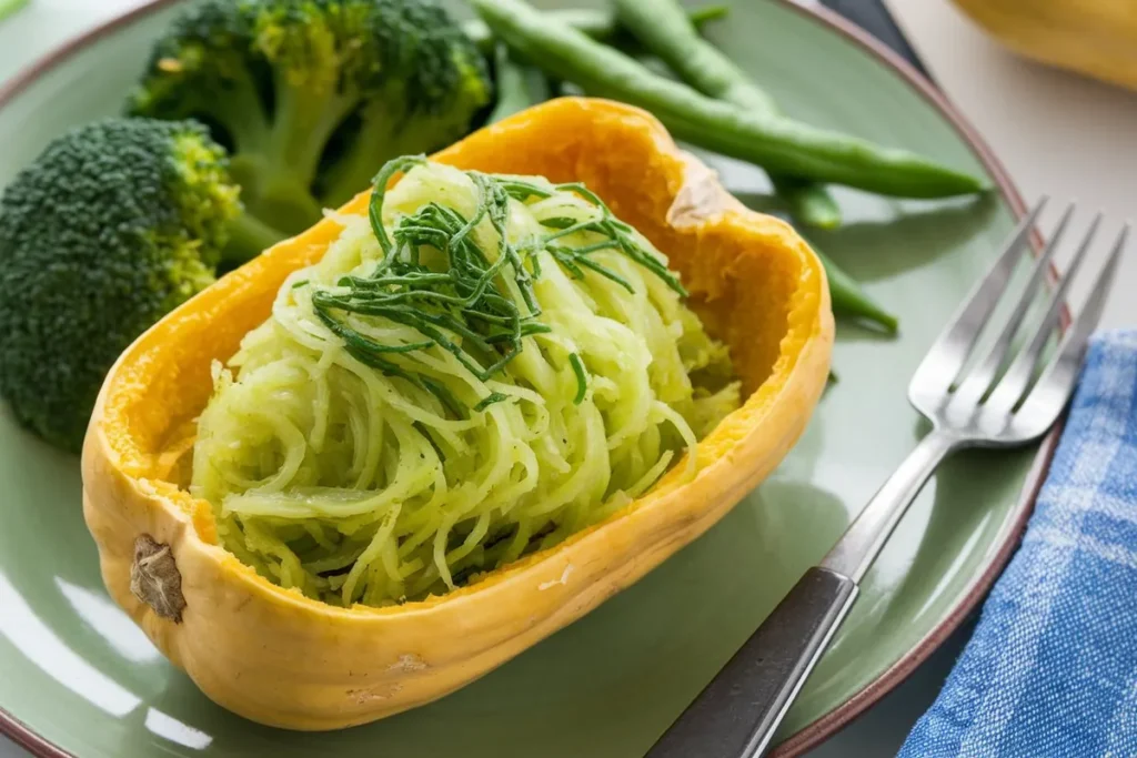 Close-up of a green spaghetti squash cut in half on a wooden kitchen counter with cooking ingredients.