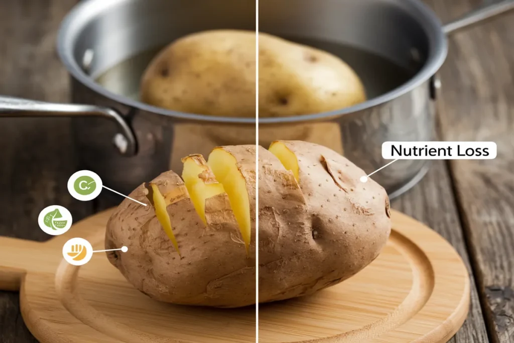 Nutritional comparison of baked and boiled potatoes, highlighting higher vitamin retention and fiber content in baked potatoes.