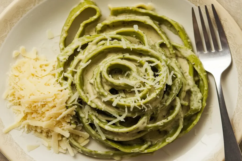 Fresh green spinach fettuccine with pesto sauce on a rustic table