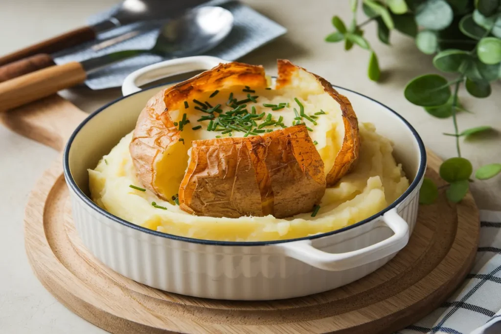 A close-up of twice-baked mashed potatoes with crispy golden edges, topped with melted cheese, green onions, and bacon bits.