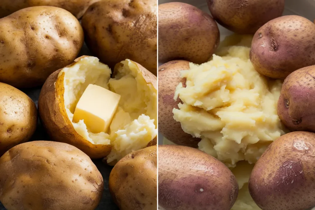 A comparison of baked and boiled potatoes, showing the fluffy texture of mashed baked potatoes and the denser texture of boiled mashed potatoes.