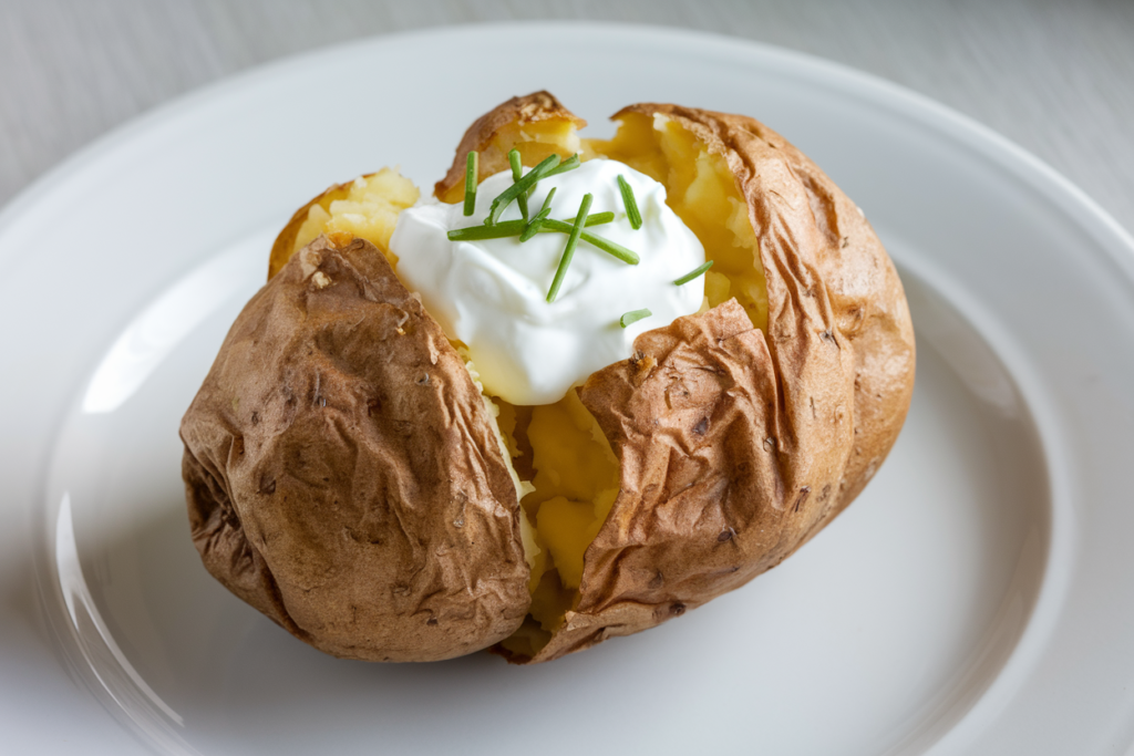 Two twice-baked potatoes topped with melted cheddar cheese and garnished with chopped green onions, served on a blue-rimmed plate.