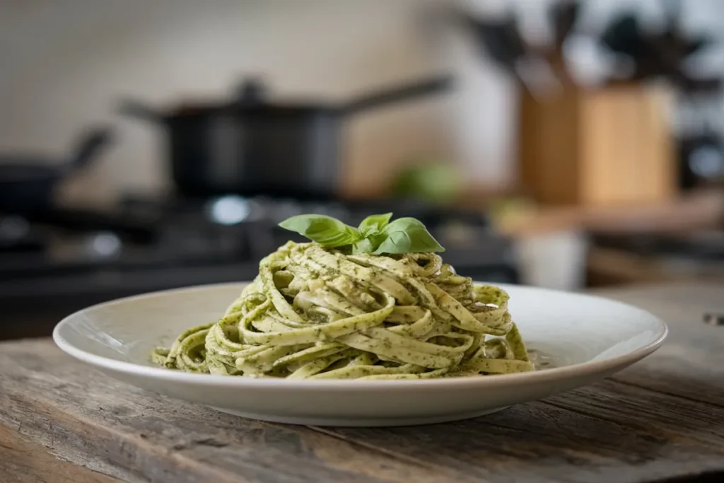 Fresh green spinach fettuccine with pesto sauce on a rustic table