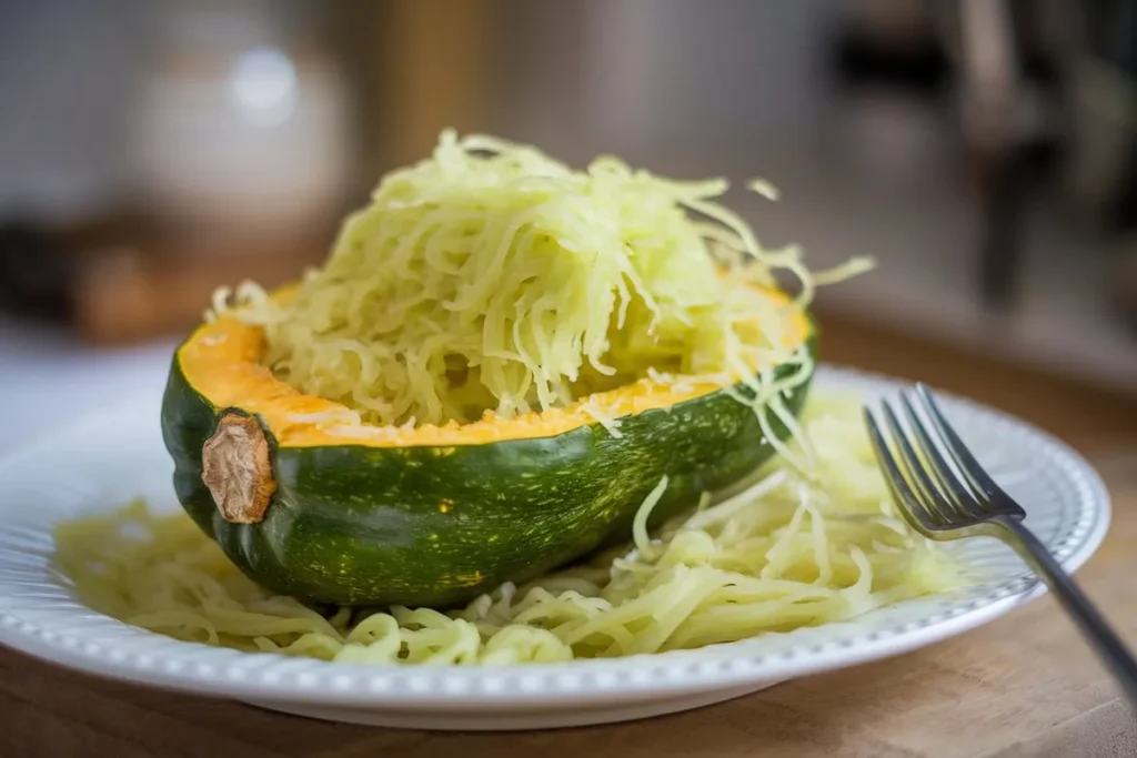 Close-up of a green spaghetti squash cut in half on a wooden kitchen counter with cooking ingredients.