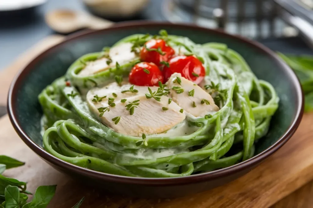 A plate of green pasta made from spinach, garnished with Parmesan and basil on a wooden table.