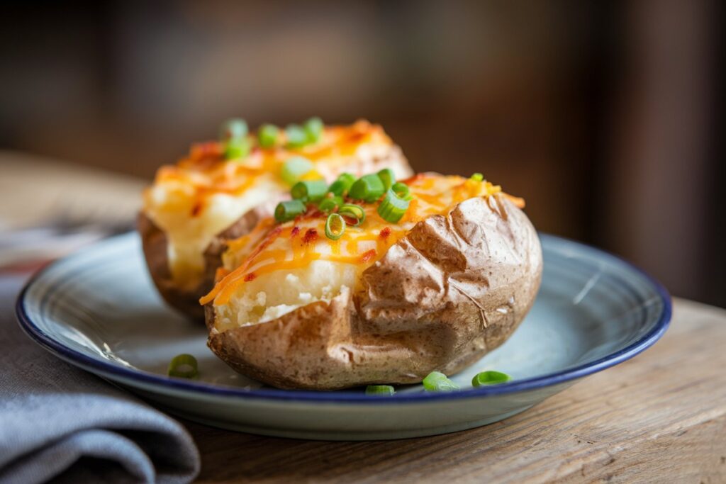 Two twice-baked potatoes topped with melted cheddar cheese and garnished with chopped green onions, served on a blue-rimmed plate.