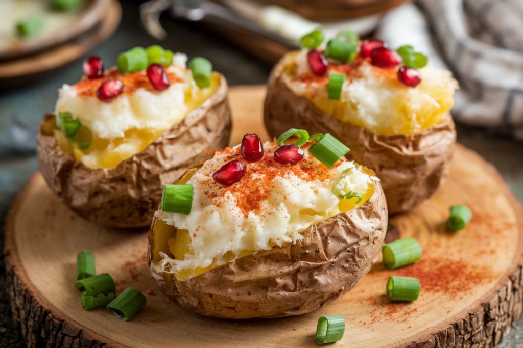 Two twice-baked potatoes topped with melted cheddar cheese and garnished with chopped green onions, served on a blue-rimmed plate.