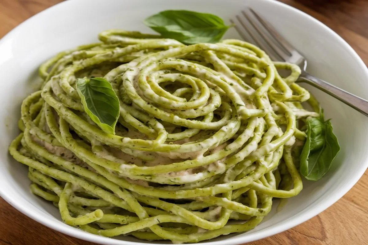 Fresh green spinach fettuccine with pesto sauce on a rustic table