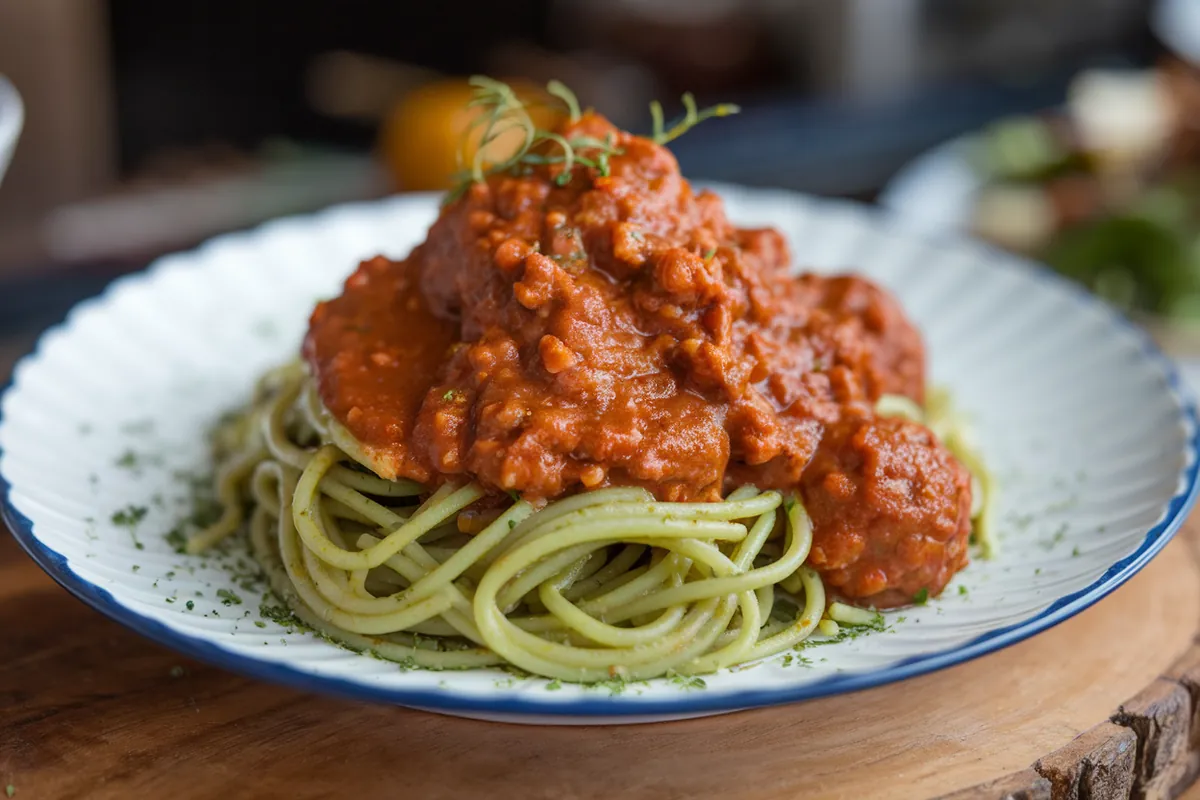 Plate of green spaghetti with creamy poblano sauce, cilantro, and cheese.