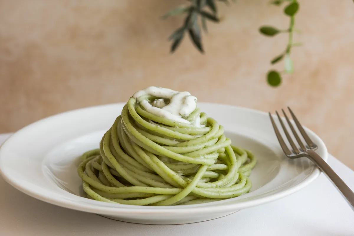 Plate of green spaghetti with creamy poblano sauce, cilantro, and cheese.