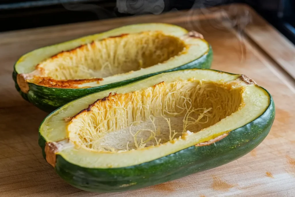 Close-up of a green spaghetti squash cut in half on a wooden kitchen counter with cooking ingredients.