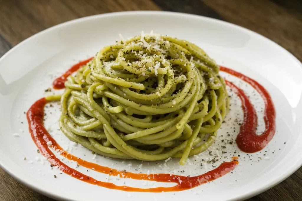 Plate of green spaghetti with creamy poblano sauce, cilantro, and cheese.