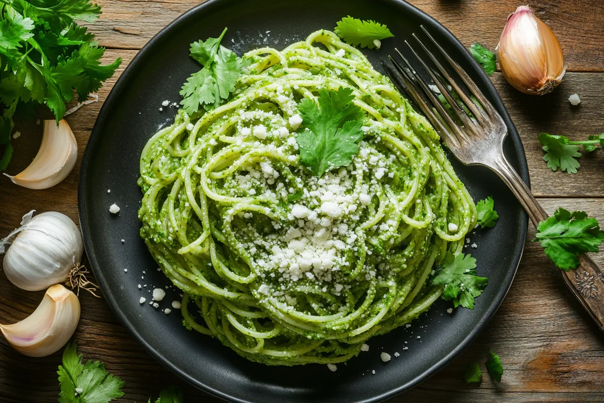 Plate of green spaghetti with creamy Poblano sauce, garnished with cilantro and cheese.