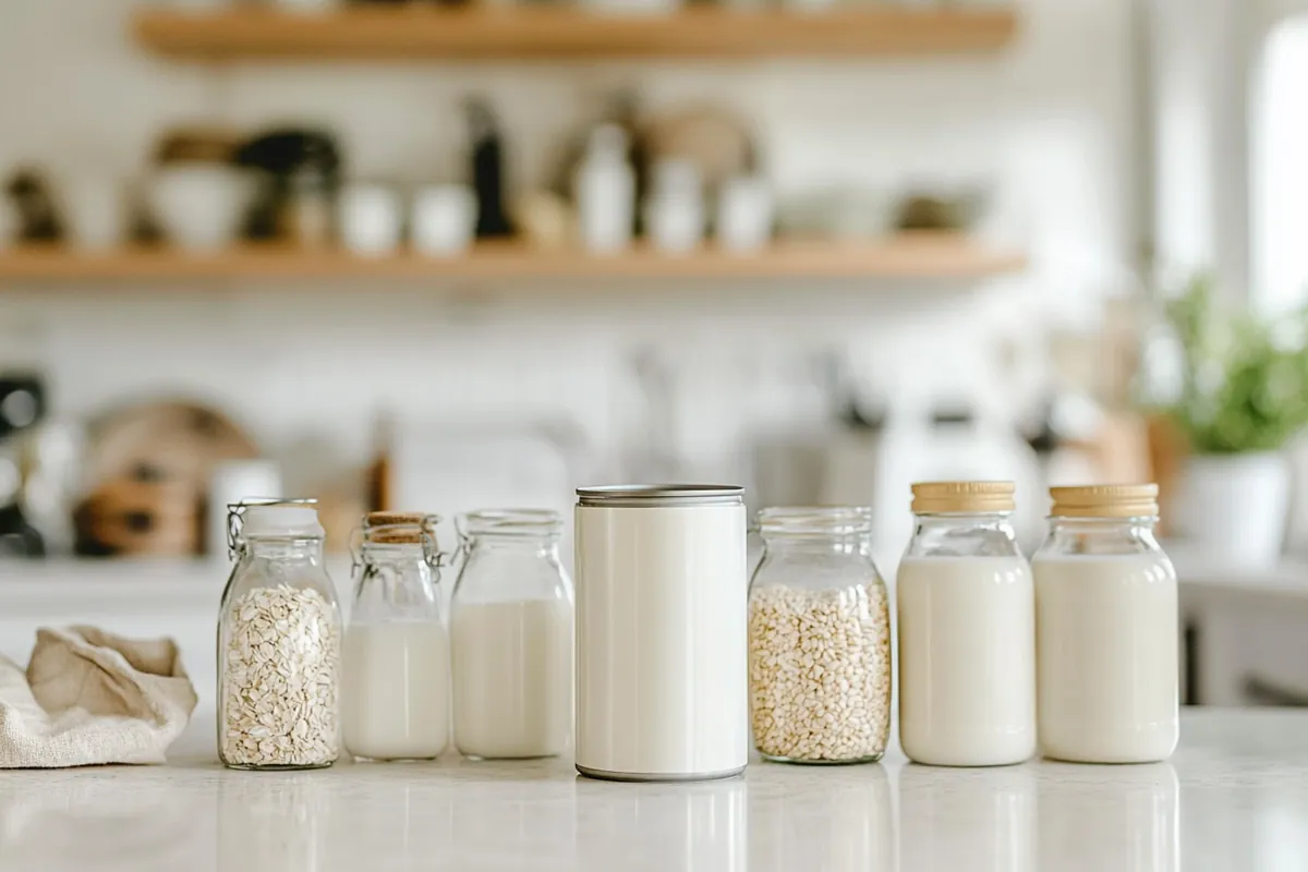 A can of evaporated milk with non-dairy alternatives like almond, coconut, soy, and oat milk on a modern kitchen counter.