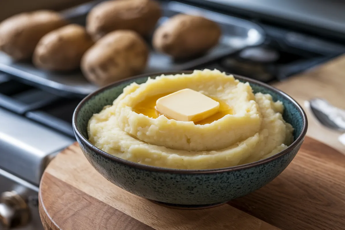 A kitchen scene with mashed potatoes made from baked and boiled potatoes, showing the fluffier baked mash and the denser boiled mash.